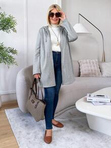 SHEIN LUNE Chaqueta larga con capucha, bolsillo y cierre de cremallera de manga larga para mujer - Gris - Ver 6
