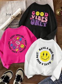 thegypsygoddess Set de 3 piezas para niña preadolescente: sudadera de cuello redondo con estampado gráfico de cara sonriente y eslogan, de ajuste holgado y forro térmico, apta para otoño/invierno, vacaciones, Año Nuevo, primavera