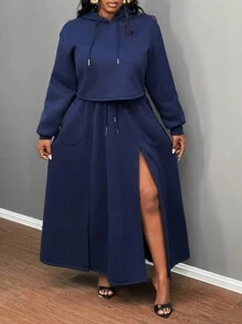 Slaydiva 2pcs Plus Size Women Sports Style Solid Color Long Sleeve Hoodie And Split Hem A-Line Skirt Set