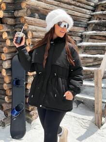 SHEIN EZwear 大码休闲抽绳腰部拉链冬季外套，冬季女装 - 黑色 - 查看 6