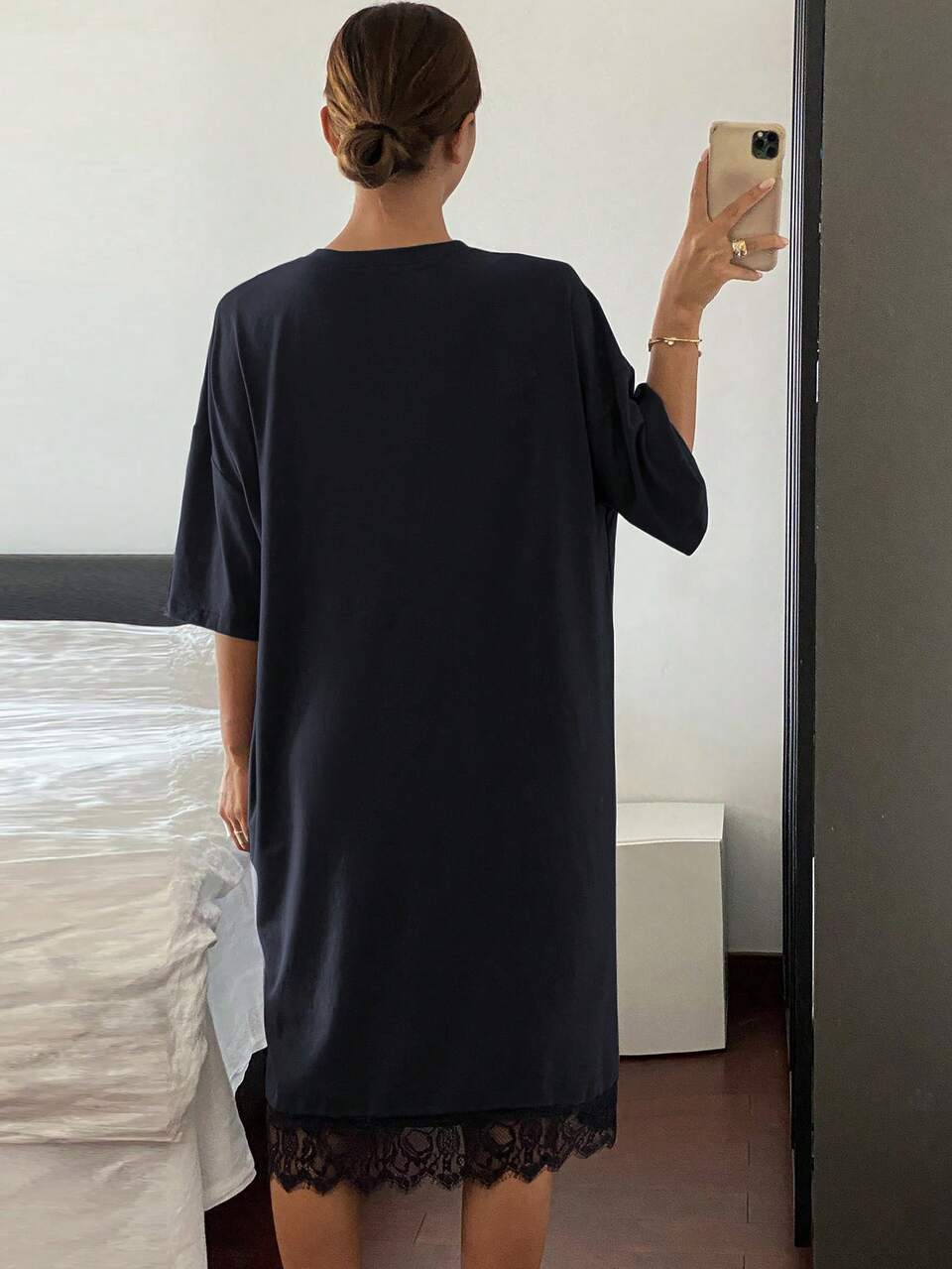 Women Solid Color Lace Patchwork Round Neck Loose Nightgown Pajama, Moo Moo Night Dress
