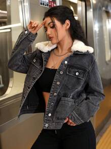 SHEIN EZwear Women's Autumn/Winter Color-Blocking Fleece Lapel Single-Breasted Casual Denim Jacket Thickened Denim - Black - View 1