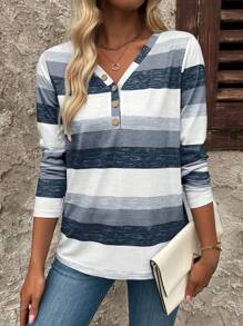 EMERY ROSE 长袖V领纽扣装饰休闲多色条纹女式T恤，适合春秋季穿着。 - 藏蓝色 - 查看 5