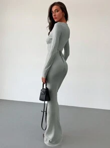Aloruh Nuevo vestido de suéter largo ceñido con decoración de tirantes cruzados en V profunda, de manga larga y sexy