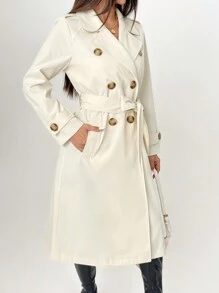 SHEIN PETITE Damski swobodny dwurzędowy beżowy płaszcz typu trencz z klapami i paskiem, jesień - Beżowy - Zobacz 6