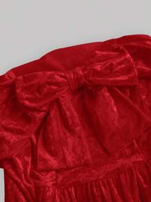 SHEIN MOD Women's White Velvet Bowknot Open Shoulder Long Sleeve Bubble Dress, Fall Women Dresses,White Dress,Homecoming Dress Short, Dress, Dress - Red - View 3