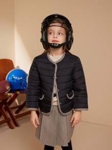 PrepCrw Young Girls' Brown Plaid Pattern Black Long Sleeve Round Neck Winter Coats, Autumn/Winter - Black - View 8