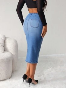 SHEIN SXY Women's Zip-Up Slit Hem Long Denim A-Line Skirt - Medium Wash - View 3