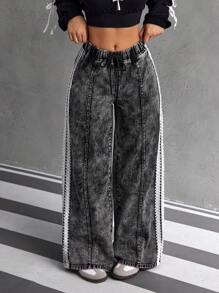 SHEIN ICON 女式侧条纹印花抽绳休闲直筒牛仔裤 - 黑色 - 查看 4