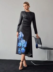 MOTF PREMIUM FLORAL PRINT RUCHED WAIST FLARE HEM DRESS - Multicolor - View 4