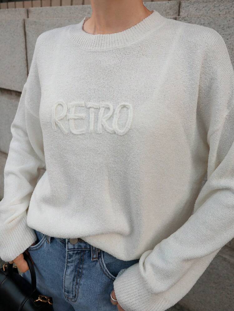 Solid Color Letter Print Loose Fit Crew Neck Women Sweater,Fall Clothes