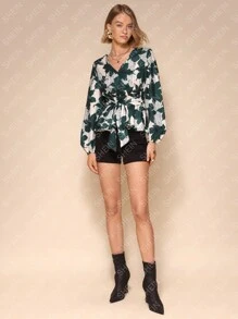Chiquease Áo cánh dài tay in họa tiết chữ V toàn thân cho nữ kèm thắt lưng - màu xanh lá - Xem 3