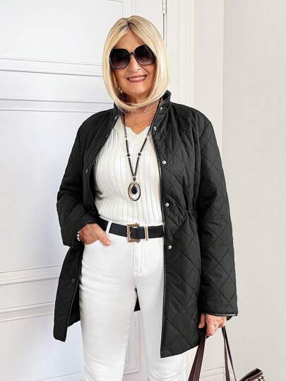 SHEIN LUNE 女士纯色长袖单排扣休闲棉服外套，冬季