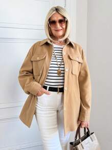 SHEIN LUNE Women Solid Color Front-Button Long Sleeve Pocket Casual Blouse - Khaki - View 6