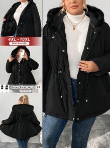SHEIN CURVE+ Plus Size Women's Fluffy Hooded Padded Coat, For Winter - Black - View 8