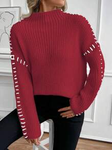 SHEIN LUNE Nowy sweter z długim rękawem i półgolfem na jesień/zimę, luźny i swobodny, z charakterystycznym wzorem