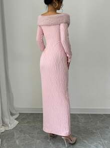 Chiquease 1 件长袖蓬松领系腰露肩优雅迷人连衣裙长款女装 - 粉色 - 查看 2
