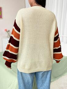 Flirla Große Größen Beliebter Pullover für Damen mit Farbblockstreifen und Knöpfen, Rundhalsausschnitt und Langarm, geeignet zum Layering oder als Oberbekleidung, für Zuhause und Outdoor-Anlässe