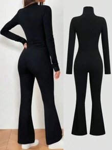 Flirla Mono negro de cuello alto con abertura, ceñido y con vuelo
