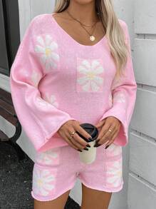 INAWLY 2pcs Women Floral Print Batwing Sweater And Shorts Set, Spring Autumn Fall Cloth For Women - Pink - View 4