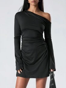 LYSMO Solid Color Asymmetric Neck Ruched Casual Long Sleeve Dress - Black - View 4