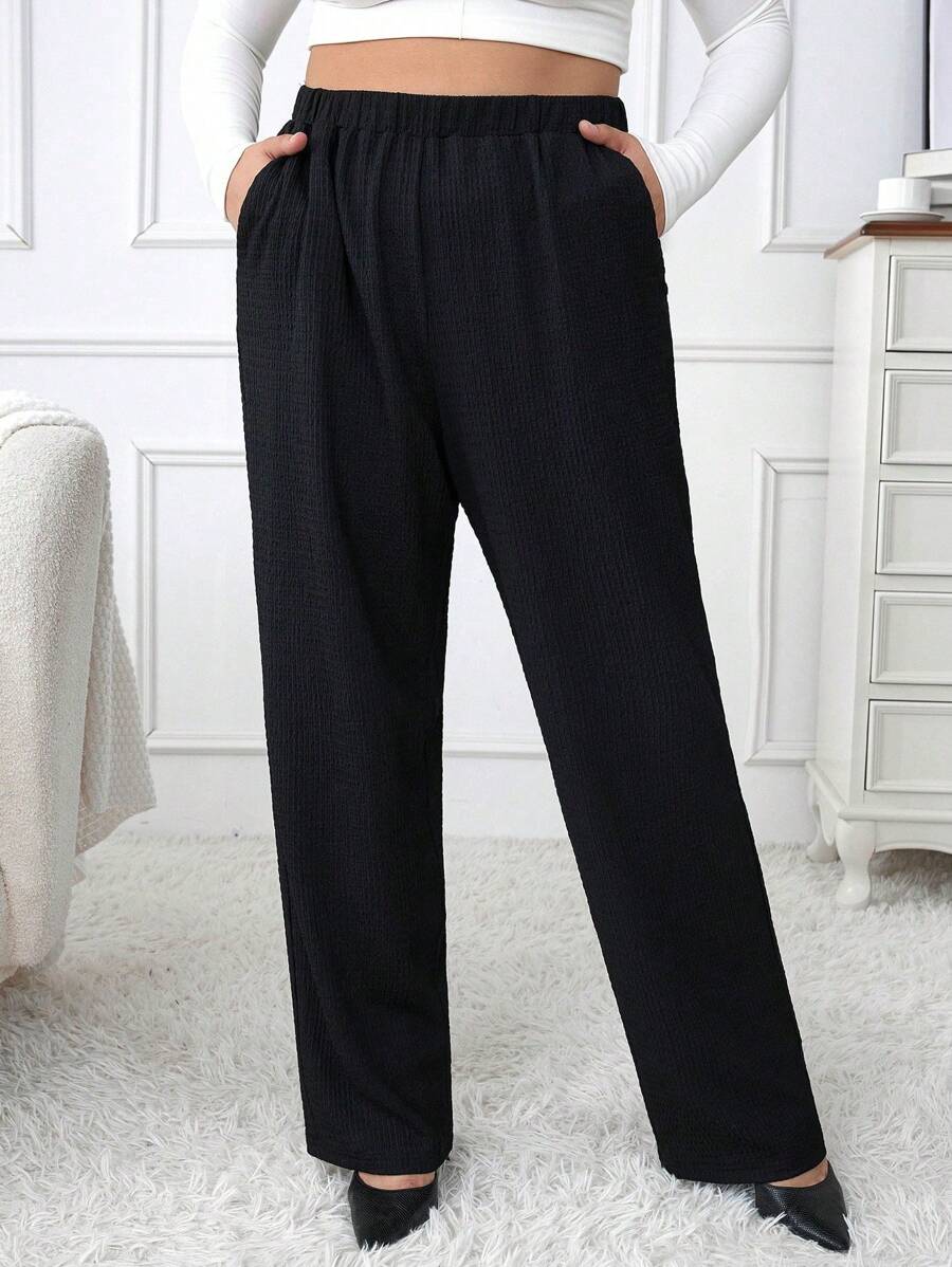 SHEIN Clasi 大碼素色彈性腰帶闊腿褲 - 黑色 - 查看 1