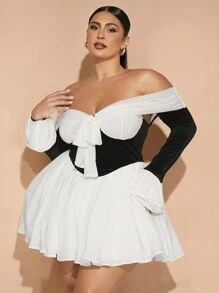 SHEIN BAE 加大码优雅派对甜美性感女式天鹅绒黑白块缝线胸部蝴蝶结露肩单肩长袖腰部 A 字迷你连衣裙圣诞装派对装生日派对装女士生日装派对礼服女士加大码正式礼服鸡尾酒会礼服婚礼宾客礼服女士礼服女士优雅晚礼服返校节礼服加大码，适合冬季 - 黑與白 - 查看 8