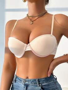 DesireSculpt 1 Stück abnehmbarer Träger 1/2 Push-Up Blumen Jacquard Damen BH, Hautfarbe - Aprikosenfarben - Übersicht 3