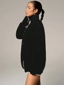 Athîral 女士秋季拉链立领长袖宽松休闲夹克 - 黑色 - 查看 4