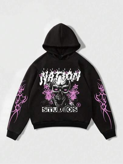 Street Life Men's Autumn Letter & Pentagram Print Long Sleeve Hoodie Sweatshirt