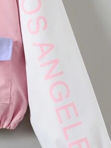 SHEIN 秋季女孩休闲日常拉链连帽夹克，带撞色肖像印花 - 粉色 - 查看 5