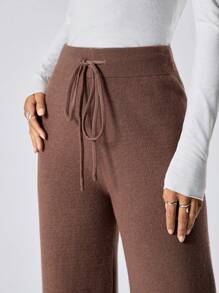 LYSMO Women's Solid Color Front Tie Minimalist Casual Long Pants - Coffee Brown - View 6