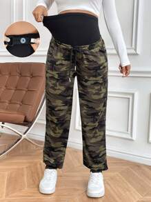 SHEIN 可调节腰部拼布迷彩印花孕妇休闲裤 - 軍綠色 - 查看 1