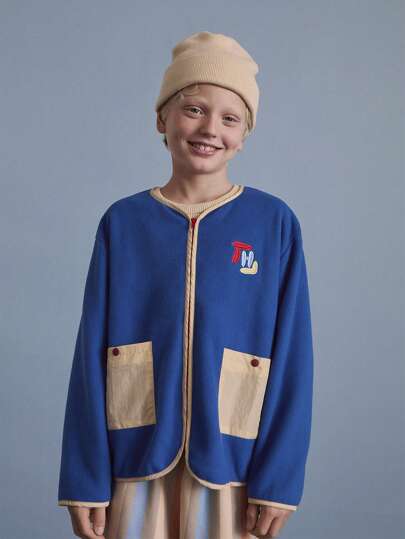 SHEIN 青少年男孩休闲日常夹克，带刺绣图案，撞色口袋，蓝色羊毛，适合秋冬季