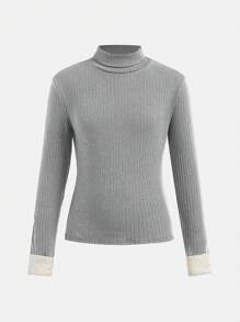 paquete múltiple de tops térmicos de cuello alto acanalados con contraste de color para niñas preadolescentes