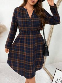 SHEIN LUNE Plus Size Women Plaid Print V-Neck Front Button Long Sleeve Dress Thanksgiving Outfit Women New Years Women Outfit Winter Dresses Winter Clothes Women Rave Outfits Christmas Dress Women Vacation Outfits Woman Vacation Dress, Western Wear Women