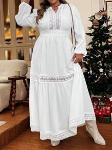 SHEIN VCAY Plus Size Solid Color Lace Patchwork Notched Neck Lantern Sleeve Dress, Casual Style For Autumn - White - View 3