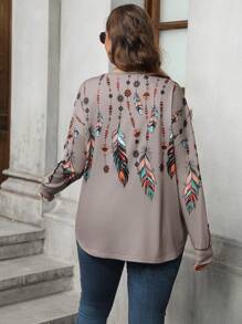SHEIN LUNE T-shirt ample à col rond, manches longues et épaules tombantes avec imprimé plumes, pour femmes grandes tailles. Idéal pour la rentrée, les voyages et les vacances d'automne - Gris - Voir 2