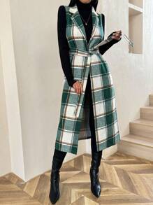 SHEIN Clasi Women's Spring Fall Plaid Lapel Sleeveless Long Casual Woolen Coat - Green - View 6