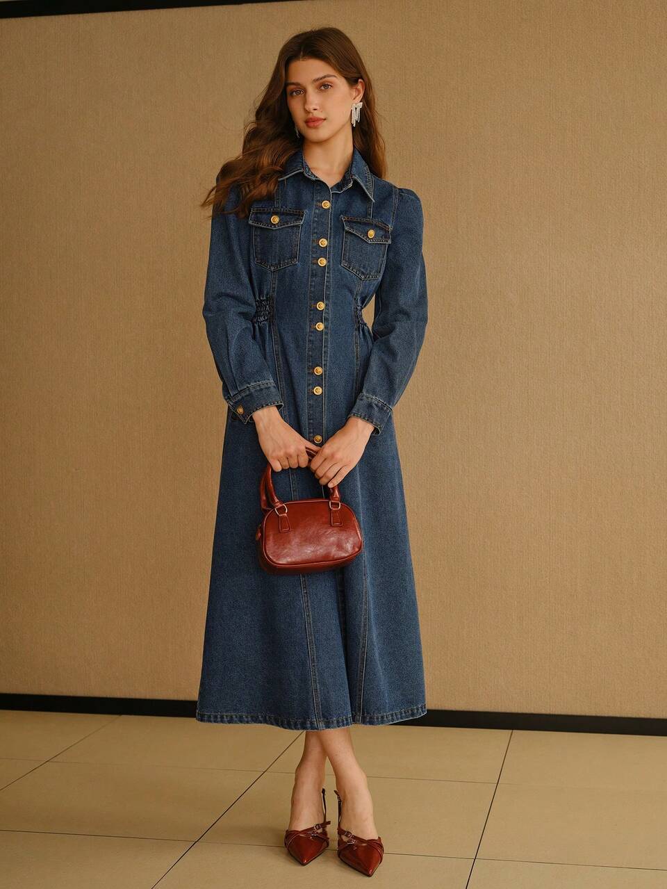 MOTF STUDIO PUFF SLEEVE FLAP POCKET SHIRRED WAIST SINGLE BREASTED PLACKET DENIM DRESS