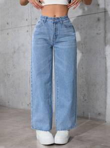 SHEIN PETITE Women's Casual Everyday Cat Whisker Patch Pockets Relaxed Straight Leg Jeans, Spring & Autumn - Blue - View 1