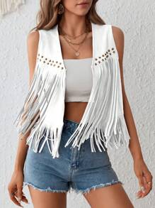 SHEIN VCAY Áo khoác mùa hè hở trước tua rua - trắng - Xem 1