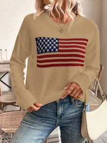 SHEIN LUNE Suéter casual de hombros caídos con diseño de bandera de EE. UU. para otoño/invierno, jersey de punto de otoño - Caqui - Ver 4