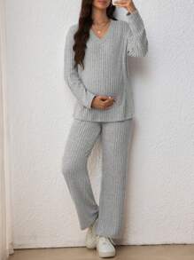SHEIN Maternity Casual 2pcs Set - V-Neck Long Sleeve T-Shirt & Elastic Waist Straight-Leg Pants, Nursing Outfit