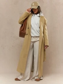 MISSGUIDED Long Double Breasted Wool Trench Winter Coat Mid Length Outerwear Classic Belted Overcoat Modern Business Professional Warm Season Professional - Yellow - View 5