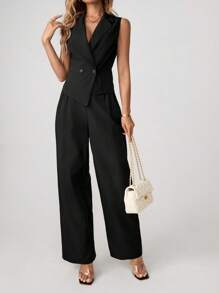 SHEIN Tall Women's Solid Color Double Breasted Simple Vest Pants Office Wear Two Pieces Set Autumn