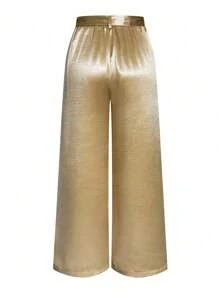 SHEIN Clasi 纯色腰带配口袋直筒西裤 - 金色 - 查看 2