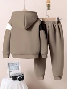 SHEIN 2 件装年轻男孩休闲字母图案宽松运动连帽衫和运动裤套装，适合秋冬季 - 彩色 - 查看 2