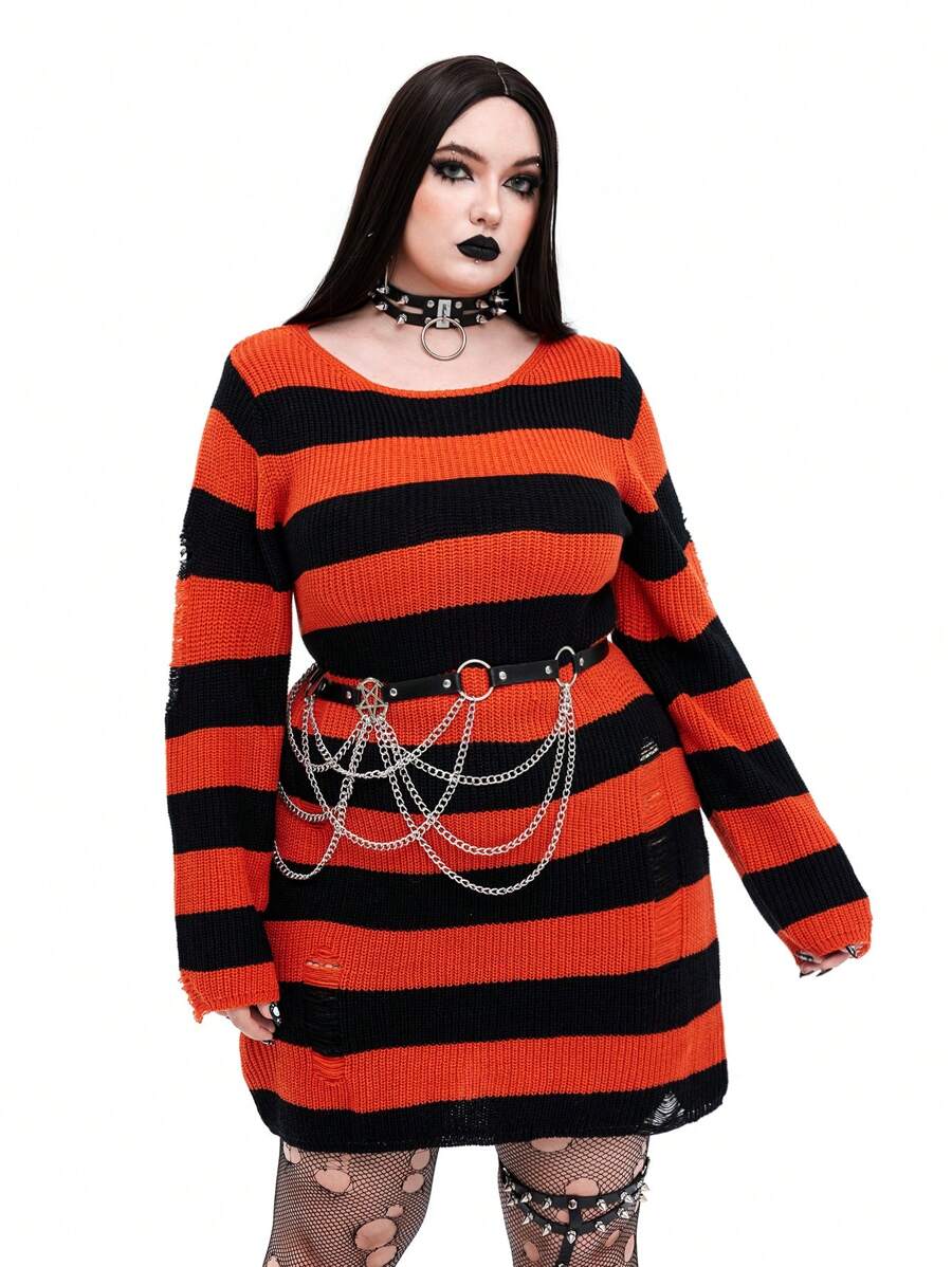 Whyspr Goth Punk Plus Size Women's Popular Dark Punk Goth Style Casual Soft Comfy Striped Ripped Punk Style Knit Sweater Dress - Orange - View 1