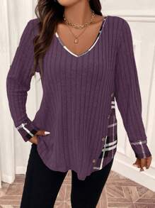 EMERY ROSE Plus Size V-Neck Plaid Printed Long Sleeve Ribbed T-Shirt Tees Women Tops For Spring Fall Cloth For Women - Purple - View 5